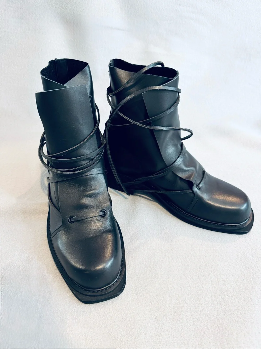 Black Leather Lace-Wrap Ankle Boot